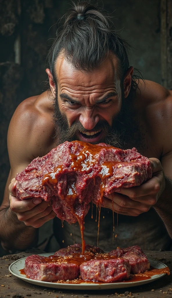art handsome naked man with beard athletic eats banquet raw meat red blood black background candles
