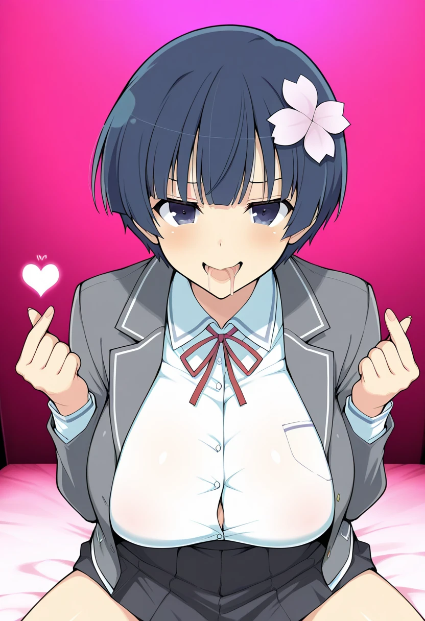 , shinkai makoto, Kimi No Na Wa., One girl,15yongs, Black Hair, blush, Brown eyes, Glowing Skin, Red headband, Red ribbon, Red Bow, Exposing shoulders, Black knee socks, short hair, smile, Small breasts, (Nipples are visible), Down blouse, Open your mouth, cute, alone, Happy, hair ornaments, Bunny ears, Playboy Bunny, Pink leotard, Detachable collar, Looking at the audience, Pink Background, Simple Background, Upper Body,  Fishnet tights, Uplifting, Dynamic Angles, Super energetic, 