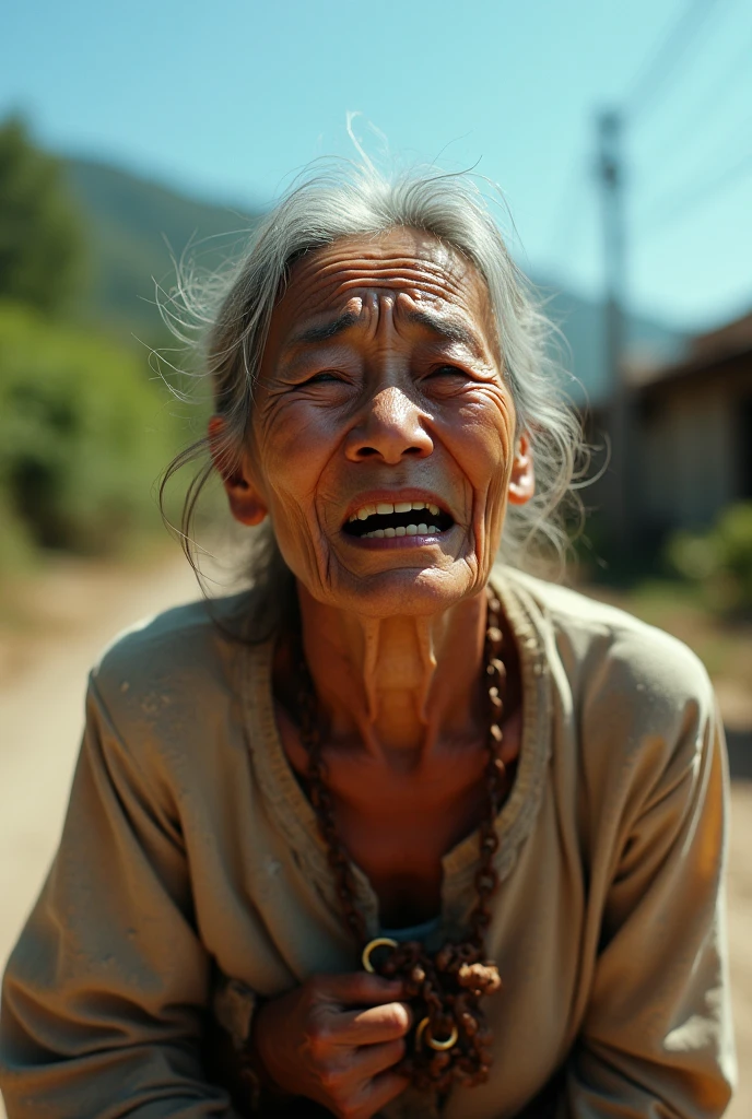 (masterpiece:1.4),(6 Female:1.5),(facial wrinkles 1.2), (Wearing a white kimono), Elderly women, ((90 years old)), Gray Hair, horror film, ((Crying in fear)), View your viewers, ((Japanese)), (Mouth slightly open), Her hair is long and unkempt., The face is turned to the side, Sweating, in the forest、whole body