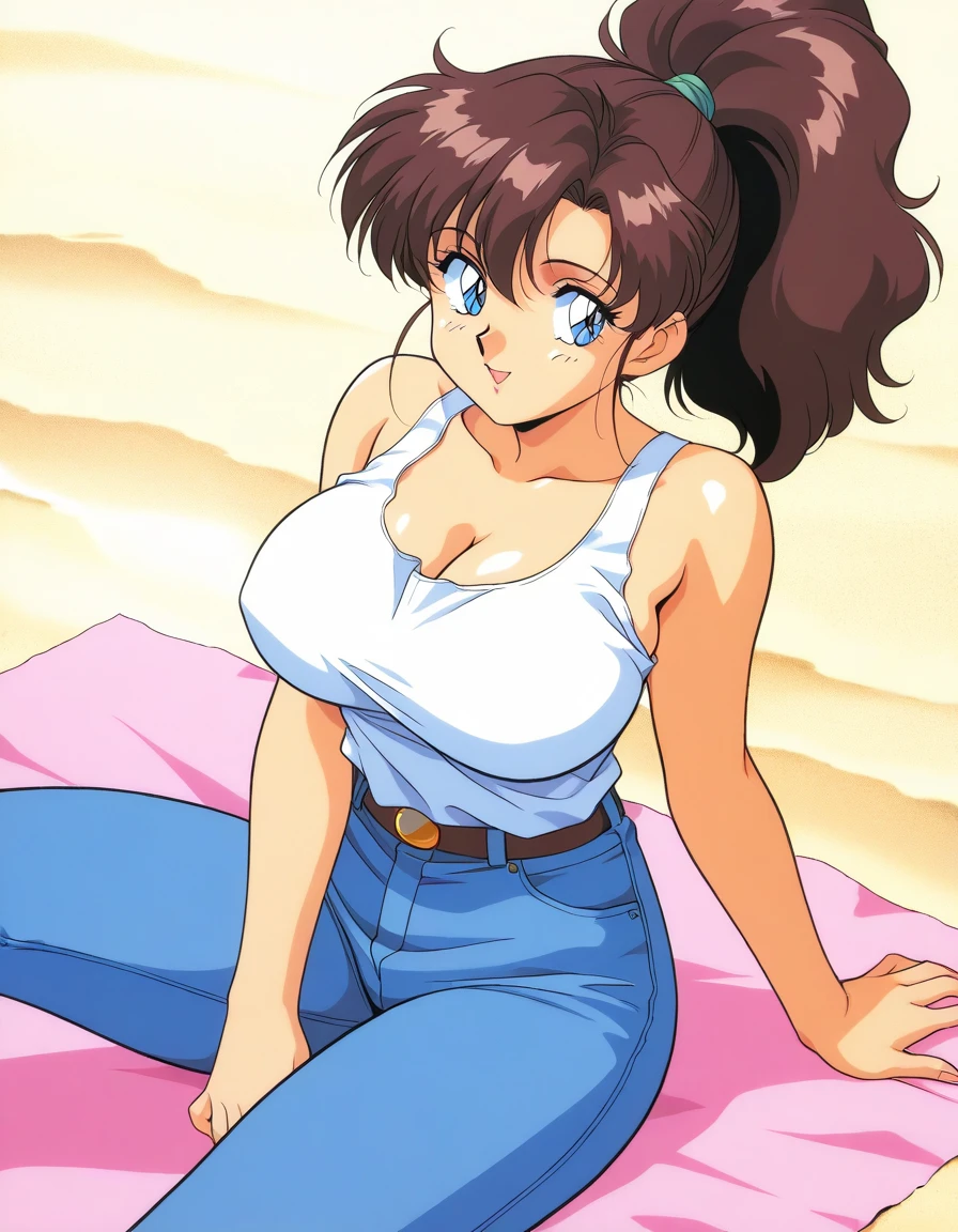 (Anime of Yatsu, Retro art style, Clean brush strokes, Very detailed, Perfect Anatomy, Browsing Caution), Dormitory of background, (tomo, 1 daughter), Eyebrows visible through hair, bangs, Dark brown hair, (blue eyes), (Beautiful and detailed:1.2)of), Looking at the audience, Open your mouth (smile:1.5), (Sitting, Spread your legs wide), (Beautiful body, Smooth curve of, Perfect figure), Tank top, (Huge breasts:1.2, Tension of shape), (Mini pants, Denim),