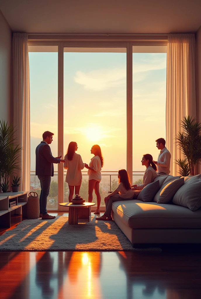 A family of five listens to the agency introduce the house in a three-story luxury duplex apartment