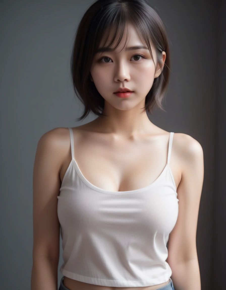 ((1girl)), woman, masterpiece, best quality, highest quality, cinematic lighting, (volumetric lighting), extremely detailed CG unity 8k wallpaper, focused, 8k wallpaper, extremely detailed, ultra realistic, photorealistic, sharp focus, absurdres, (HDR:1.2), (high contrast), photograph, detailed and intricate, instagram, portrait, highly detailed, digital painting, artstation, concept art, smooth, sharp focus, illustration, cinematic lighting, (big breast:1.2), (((skinny, super slim legs))), (japanese idol posture), (knit strap tanktop, short pants, cleavage), looking at the viewer, (I don't see arms)), ((Standing)), ((Medium body shot, hip level shot))