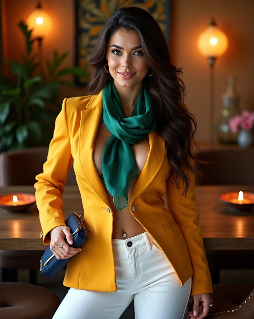 Half-length glamour portrait, nikon D850, f1.6 lens, 200mm, DSLR, 22 Megapixels, (((Stylish lounge area scene))), shot of a stunning 20 years old portuguese girl, (smile:1.4), (wearing Checked pantsuit with Turquoise blouse:1.6), ((seductive pose)), hot girl, (((big natural breasts))), (((brown ponytail hair))), (small girl), symmetrical face, photorealistic, photography, (bright natural lighting), gorgeous, deep cleavage, (masterpiece), best quality, high resolution, extremely detailed, cinematic lighting, (((very narrow waist))), rich colors, hyper realistic, lifelike texture, ((jewelry)), (((She has beautiful hands and wears rings))), (bracelet), (necklace), (ankle chain), (nail polish) (earrings), Fuji Superia 200, 8k