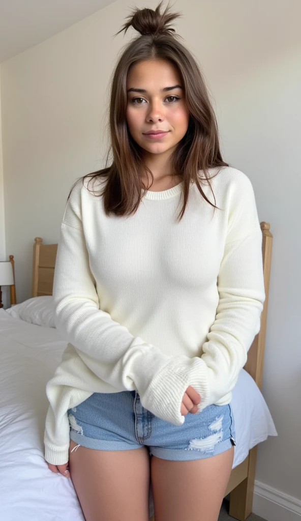 full frontal picture of a cute naked 18-years old girl wearing only oversized shirt