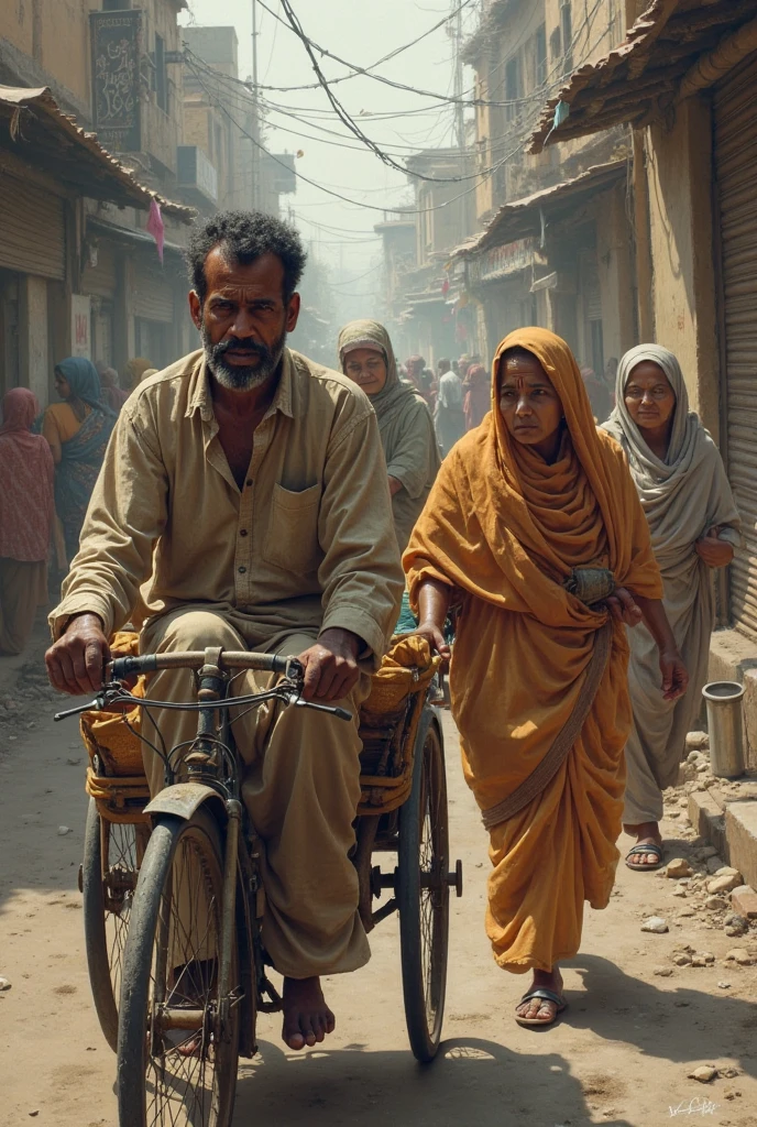 Afghan bicycle trainer with beard and women with bicycle in background
