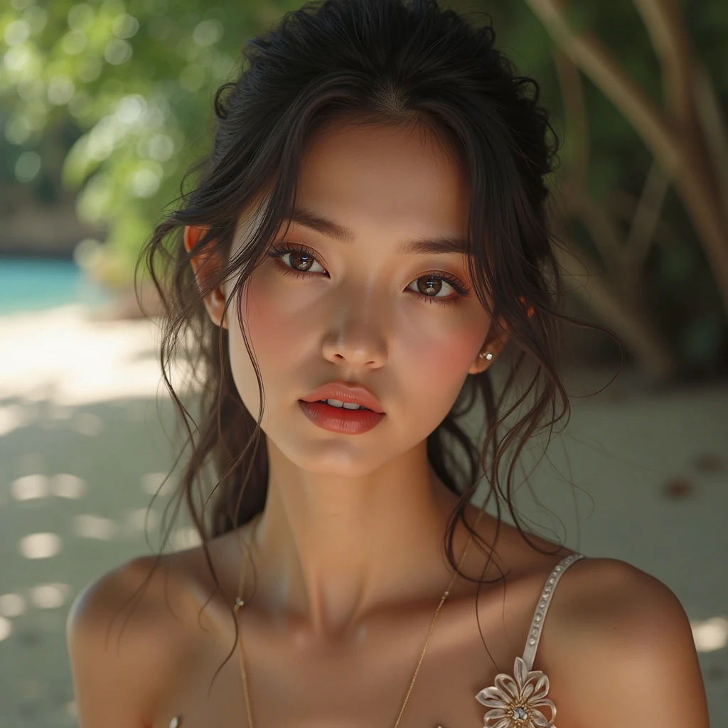 1 girl, Korean model, extremely beautiful, perfect body. 8K HD photo quality, lifelike, masterpiece, sharpest and highest contrast, non-NSFW. Glossy pink lips, pink eyeshadow, eyelashes, blush, cosmetics, bright white skin, detailed pores, shiny skin, shiny skin. Her hair is pink, long and smooth, blowing in the wind ((floating)) under the bright sunlight. Bright smile, pure white teeth and details. Seductive lips, glossy pink lips. Blue eyes, seductive, ((sharp makeup)), realistic, ((wet eyes)), detailed, pink eyeshadow. Two delicate eyelids, perfectly beautiful and detailed, black eyelashes. Eyebrows are curved, sparse, sharp and detailed. Beautiful and perfect face, holy, perfectly proportioned, beautiful in every detail, ((shiny)), high-end cosmetic makeup. High and detailed nose. Blush, prominent and detailed cheekbones. Hands are beautiful, perfect, ((no flaws)), no defects. Her breasts are big and full, her nipples are prominent and detailed, her cleavage is deep and firm, tight under her bra. Tank top, jeans, necklace, earrings, bracelet. Photo of a girl standing on a beautiful beach.
