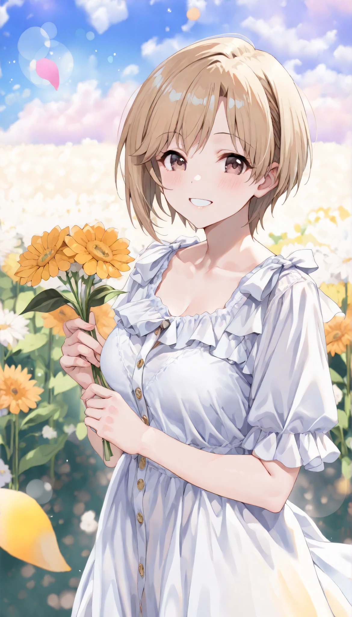 (((High resolution, accurate, Best Quality, Anatomically correct, masterpiece, 8K, 16k, Wallpaper))), (fine detailed skin, fine detailed eyes), 1 girl, aiba yumi, standing in a flower field, holding flowers, colorful petal floating in the sky, meadow, happy smile, watercolor, (clutter-home), (light particles, film reflections, Bokeh, moya),