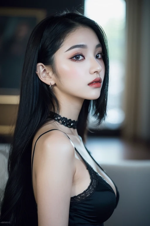 ((Top Quality、16K、masterpiece:1.3))、a tall and beautiful woman、Perfect Figure:1.4、(gothic aesthetic) Slim Abs、(goth girl) black hairstyle、long hair、No postural movement、Stand up straight、Huge bust、Highly detailed facial and skin texture、(A detailed eye, Symmetry Eyes, Clear realistic eyes, Double eyelidd、Cold-stricken face、Symmetrical face), pale-white skin (illuminated, realistic shading sound), goth makeup, Royal sisters full of fans、The Telegraph Esbian、peach buttocks、(black gothic Knit Dress, Very Tight Knit), cleavage, squart、(Raw foto:1.2)、((Photorealcitic:1.4))Top Quality、masterpiece、Real Photography、very delicate and beautiful.、super detailed CG、Unity、8K photo wallpaper、delicate detail、best qualtiy、Highly detailed CG unity 8k wallpaper、absurderes、Incredibly Absurd、huge file size、extremely highly detailed、Hight Resolution、ighly Details、Beautiful detail girl、extremely detailed eyes and face、beautiful delicate eyes、Facial light、cinematic lightings、(big hips, thick thighs, beautiful legs, black pantyhose) 1girll、see -through,Watch your audience, Plane Air, high ponytail、ulzzang-6500、The Telegraph Esbian, different poses at different angles,