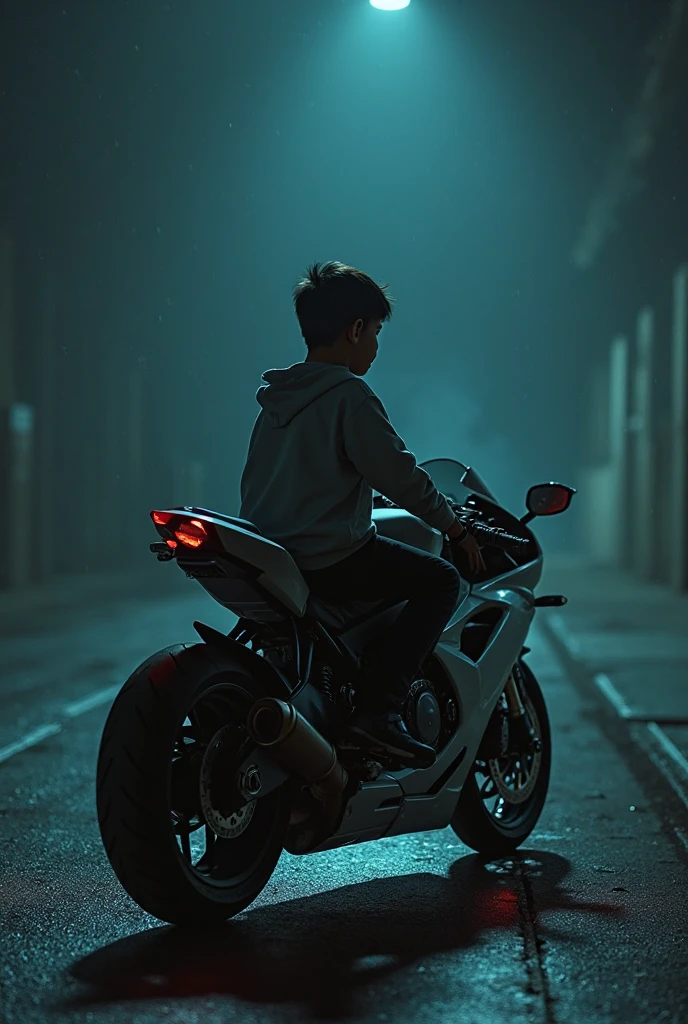 A boy of 1,65cm with short wavy brown hair, dark brown cheesy eyes, white skin, dressed in a black oversized shirt and black cargo pants with black boots next to a red sports bike on a night with many stars in the forest
