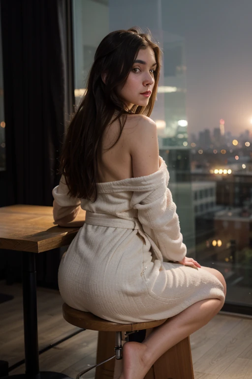 ((best quality)), ((masterpiece)), (detailed), perfect face, foreground woman (shoulder length hair), thin bathrobe draped around her shoulders, sitting at a table, back turned to camera, facing a laptop in front of a floor to ceiling window, (city skyline at night), laptop screen dark with vague reflection os seated woman