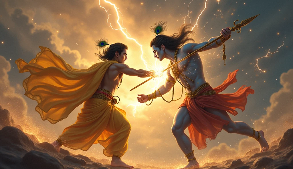 Creat a image on the lord krishna and lord balaram in a war
out of nature the people watching it