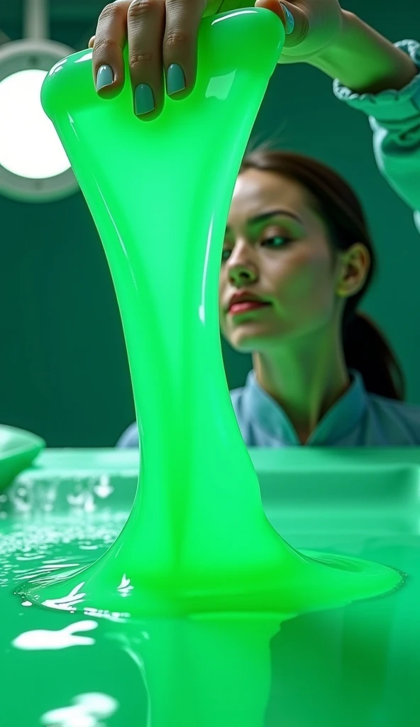 A laboratory in the near future. A naked Superman is lying unconscious in a transparent tube. He has green slime poured over his head and is unconscious. He is naked and hairy, and his tiny underwear is bulging.