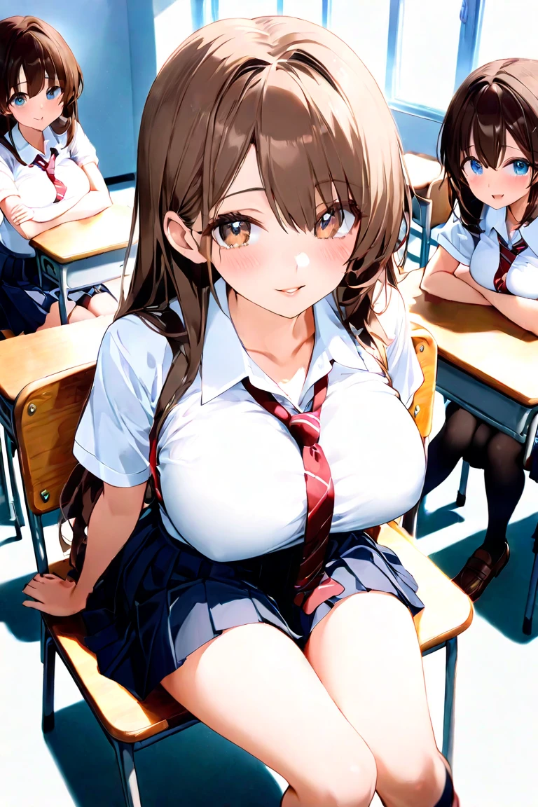 highest quality、High resolution、detailed background、beautiful and detailed face、beautiful and smooth skin、skin texture、Beautiful age girl、(3 women)、(huge breasts:1.2)、ピンクのcuteパンティー、cuteピンクのブラジャー、cuteセーラー服、white sailor collar、sleeveless、plaid pleated mini skirt、ponytail、knee high socks、
((Change clothes in the classroom、take off clothes))、emphasize the chest、emphasize cleavage、legs open、Look at me happily、sexual expression、panty shot、panty shot、sheer bra、cute、camel toe