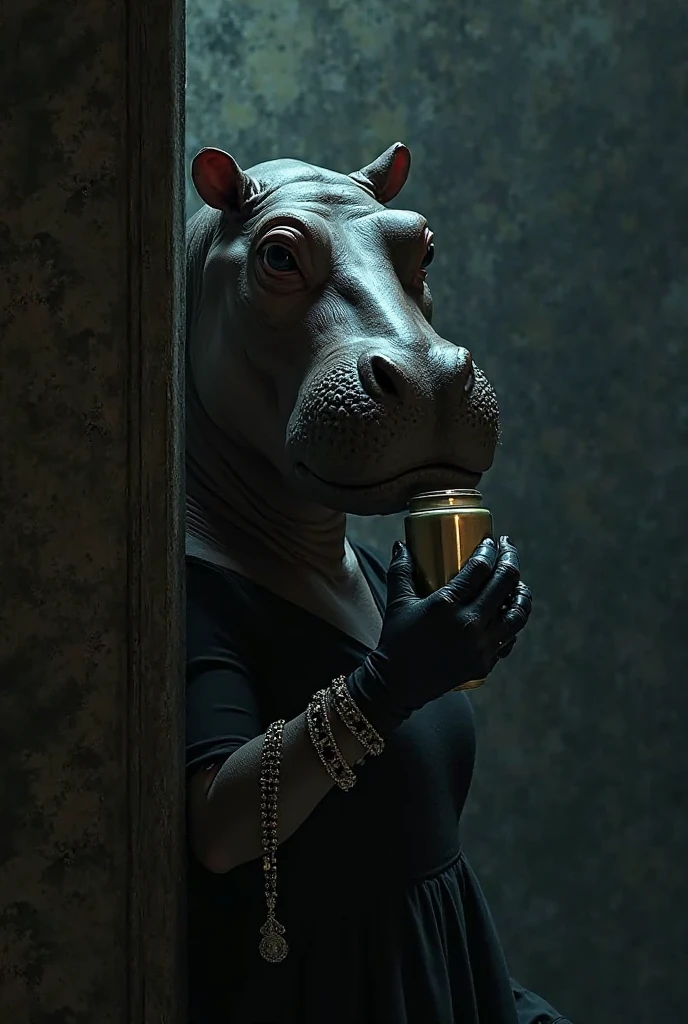 Hippopotamus behind a wall, You can see half a face, hiding something, face with mask , black dress jewelry