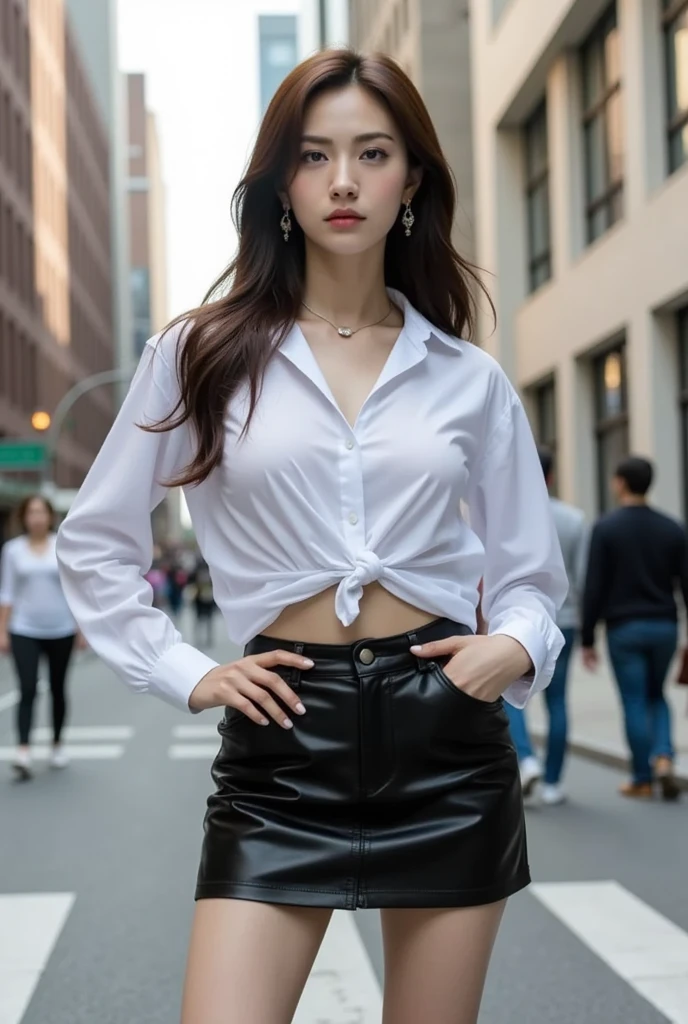 (best quality, high resolution, masterpiece :1.3), Tall and pretty woman, slim abs, Dark brown hair with loose wavy styling, chest, wear a pendant, White button-up shirt, belt, black skirt, (Modern architecture in the background), Exquisitely detailed details on the texture of the face and skin, detailed eyes, double eyelid