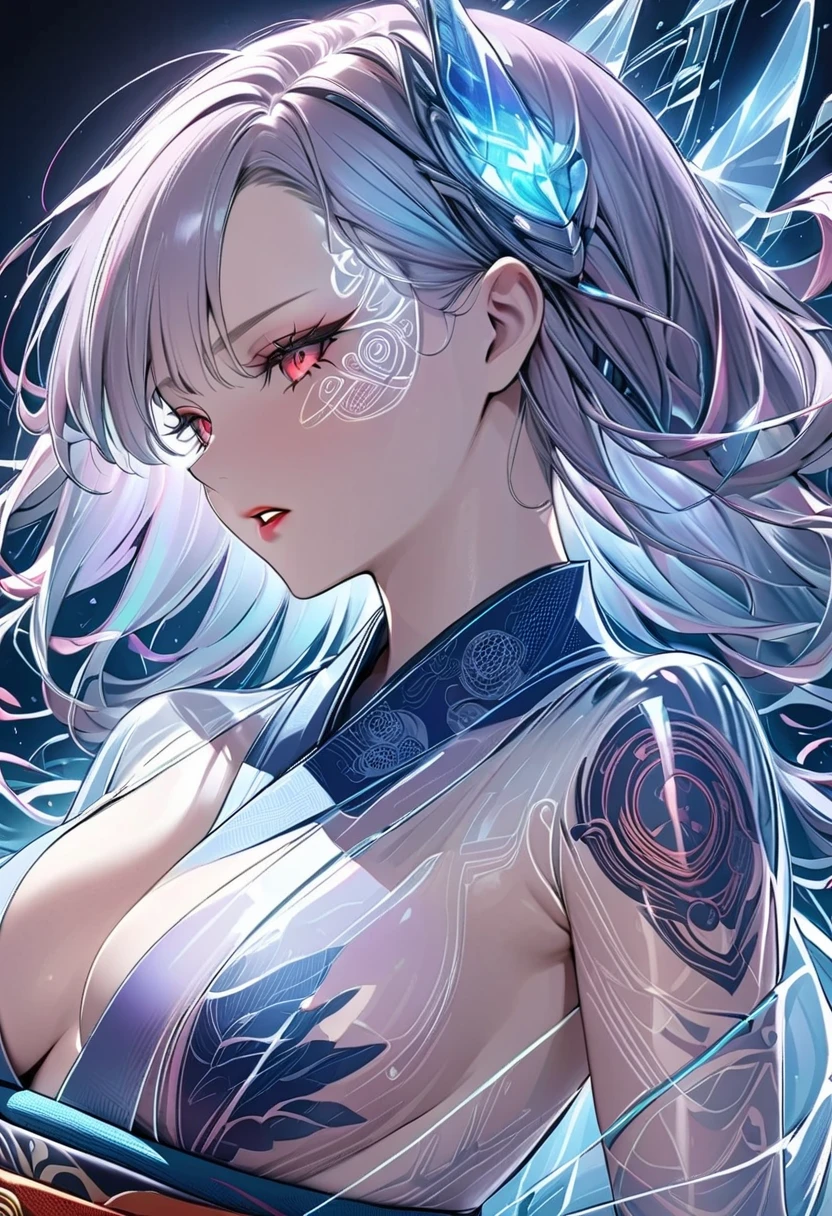 Blue tattoo、(((look up)))、(((naked)))、(((pubic hair)))、female organ、Beautiful woman、silver hair up style、((whole body))、night