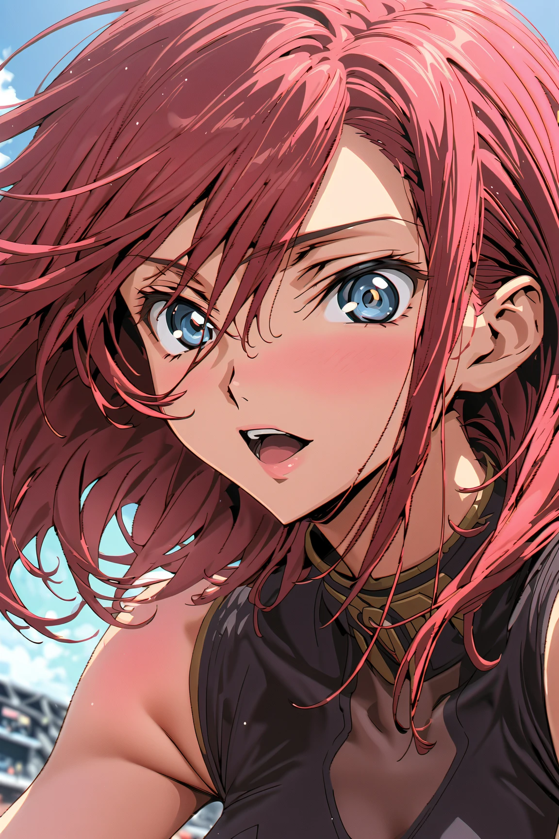 1girl, armpits, arms up, bikini, blue eyes, earrings, fur collar, gloves, jewelry, looking at viewer, necklace, pendant, long hair, red hair, simple background, jewelry, smile, solo, upper body, white background, <lora:renji_murata:0.9>