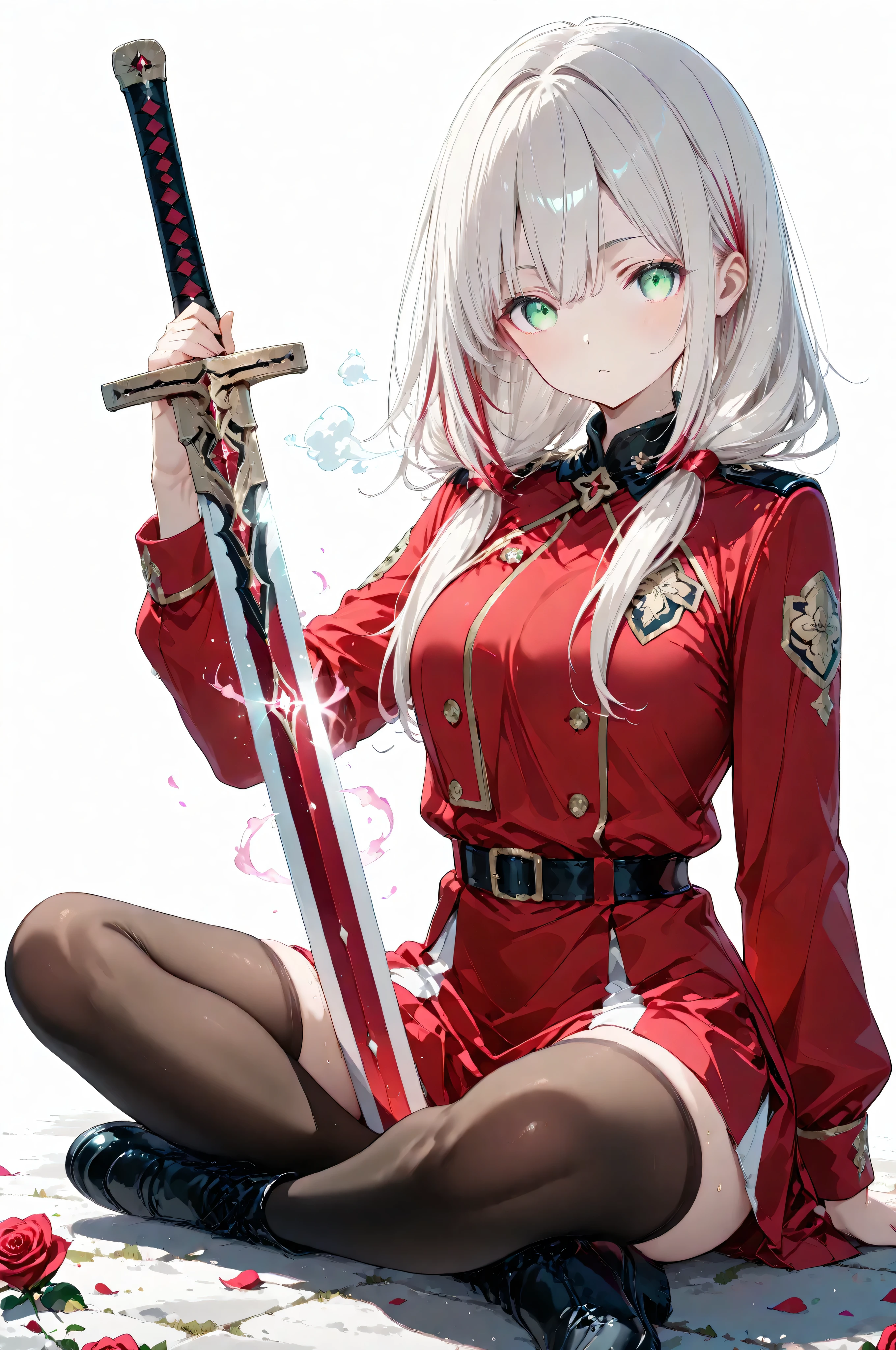 (watercolor:0.4)、( pastel :0.6)、 1 girl 、long dark-haired twins with pale red accents in their hair、A knight in a red rose uniform、 green eyes。sit on the ground in a relaxed position with your sword by your side、 take a deep breath 。Red roses and dim air scattered across the battlefield。simple white background to highlight the character。