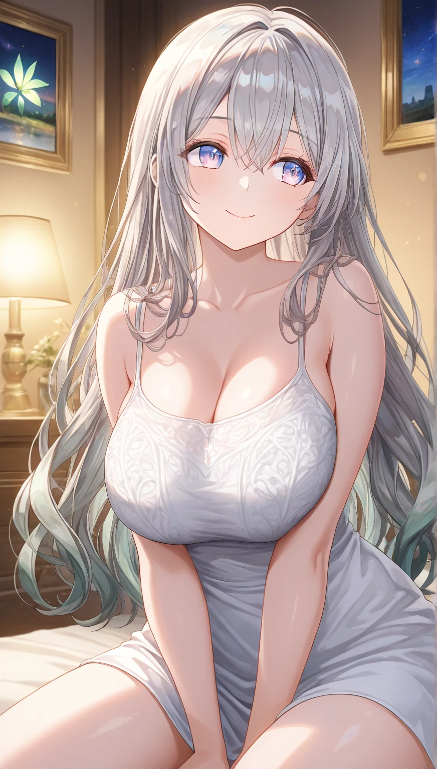 1girl, solo, cowboy shot, (teen:1.2), (in room), white hair, long hair, (Gorgeous White Ruffled Dress:1.4), steam, sweat, shiny skin, (looking at viewer),