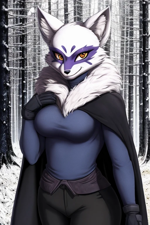 Alopex, arcticfox, tmnt, smile, orange eyes, girl1, solo, snow, black cloak, black shirt, tail, black shorts 
