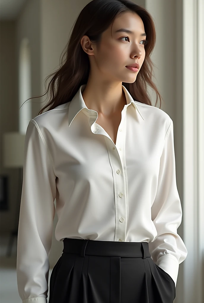 masterpiece, Highest quality, Ultra-high resolution, (Photorealistic:1.4), Beautiful lighting, Raw photo, 8K Ultra HD, Highly detailed face, Realistic lightning, Beautiful girls, pretty girl, ((Wearing a white shirt and a long pleated skirt)), Long Shot, Shy, hide your face behind a book, indoor,