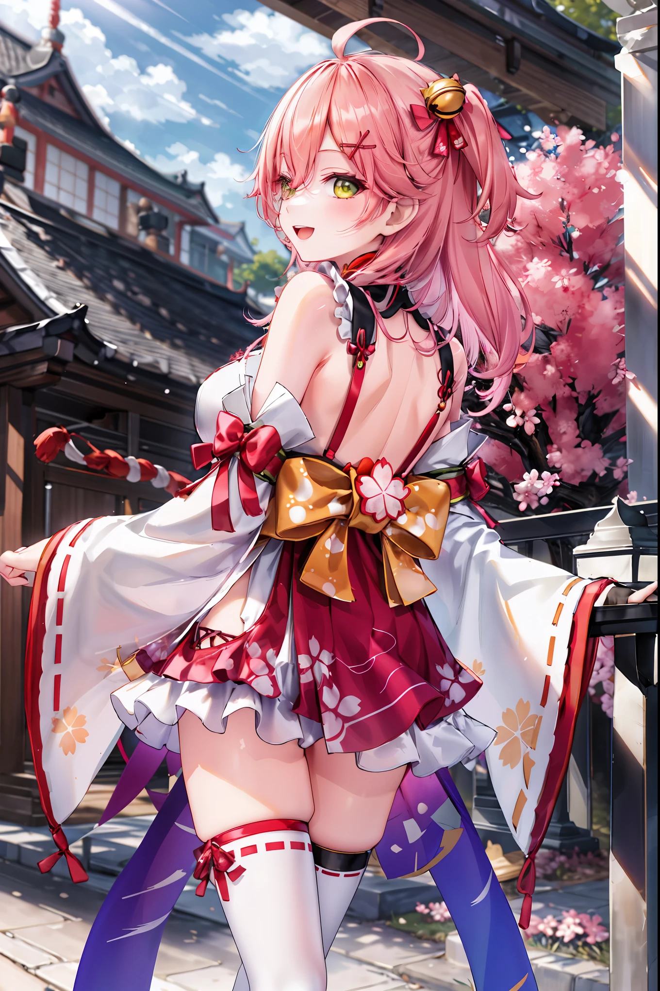 masterpiece, best quality, highres, miko1, sakura_miko, 1girl, big_, solo, ahoge, x_hair_ornament, light_red_hair, floral print, hairclip,(side_less_clothes:1.5), (side_:1.5), hair_bell, floral print, long_hair, hair between eyes, one side up, white thighhighs, asymmetrical legwear, wide sleeves, open_mouth,(happy:1.3),green_eyes,big_smile,(XD:1.5),plump,half_closed_eyes,(overly_long_sleeves:1.3),),sleeves_past_wrists,hands_hidden_sleeves,sidelock_clothes,solo,hidden_wrists,covered_nipples,sunlight,cherryblossom_temple_landscape_background,rise_arms, trying_to_hug,raise_arms