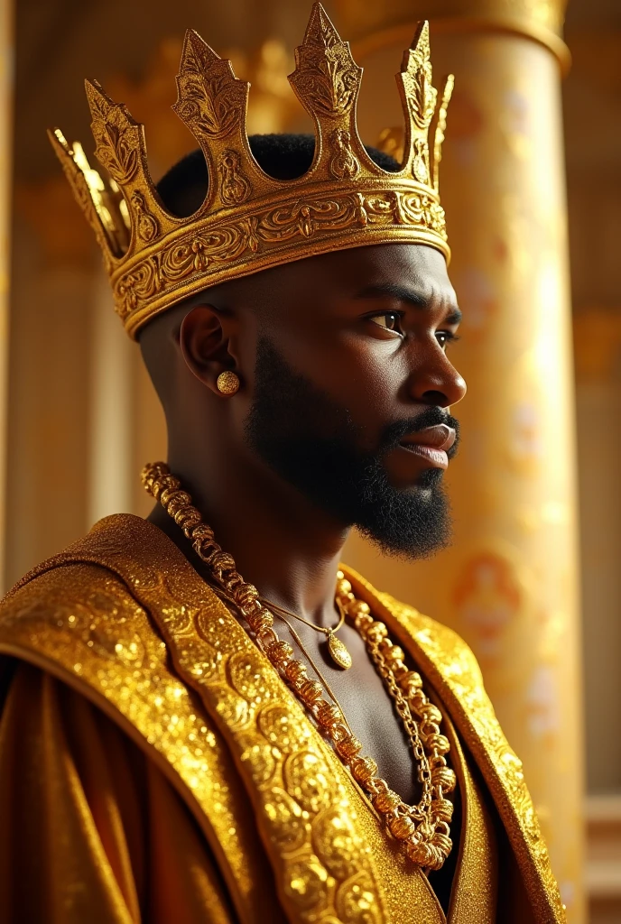 brown skinned King,physically well built, sitting on throne,crown,short beard,bald,business atire