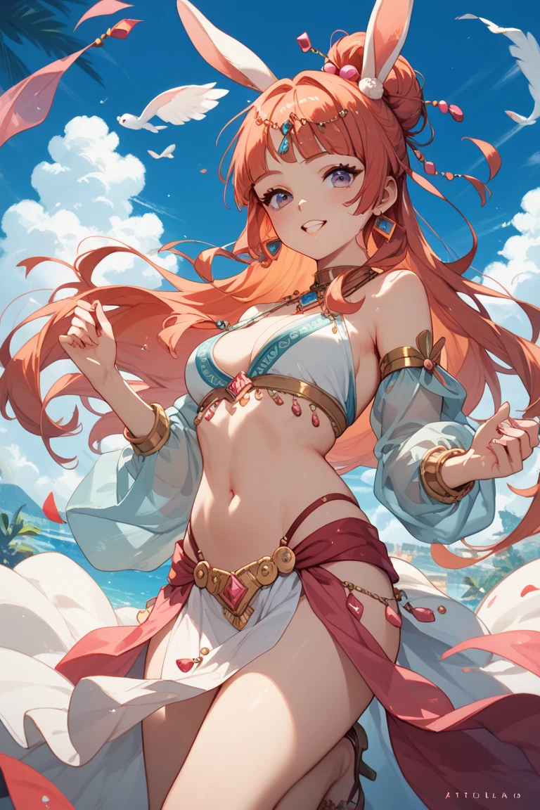 Create a high-quality anime image of a beautiful female character with cat ears in a fantasy setting. She has long, wavy pink hair styled in loose waves, with cat ears adorning her head. Her eyes are luminous and seductive, reflecting the enchanting surroundings. She has a playful and alluring expression, with one eye winking at the viewer.
She is wearing a stylish and revealing bikini with intricate details. The bikini has shimmering accents that enhance the fantasy theme, and includes delicate, ethereal designs reminiscent of magical symbols.
The setting is a magical beach with crystal-clear turquoise water, white sandy shores, and mystical elements like floating islands and enchanted flora. The sky above has hues of pink and orange, indicating a magical sunset.
The character is striking a seductive pose, with her back arched, one hand resting on her hip, and the other hand raised playfully. She is winking at the viewer, adding to her charm and allure. The sunlight casts a warm glow on her hair and outfit, creating a captivating and enchanting atmosphere. The overall mood should be both enchanting and seductive, capturing the beauty and charm of the fantasy beach.