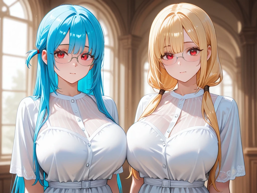(8k，Super details，best masterpiece，nature，Perfect work of art，perfect female figure)，two women，sister and sister，sisters，Rainbow hair，perfect face，(huge)，Neighbor&#39;s Wife，woman hairstyle，elegant wife，mature and exposed，20 years old，fair skin，messy hair，Perfect sexy body，Wear a fitted and sexy tunic dress，Red lace white bottom strapless short dress，Hot and sexy secretary，wear glasses，Standing in the detailed bathroom，A lot of water was poured on，The whole body is soaked，Want to take off clothes，But happy，Smile，Detail background，necklace，perfect eyes，， T-shaped small size，huge的山雀
