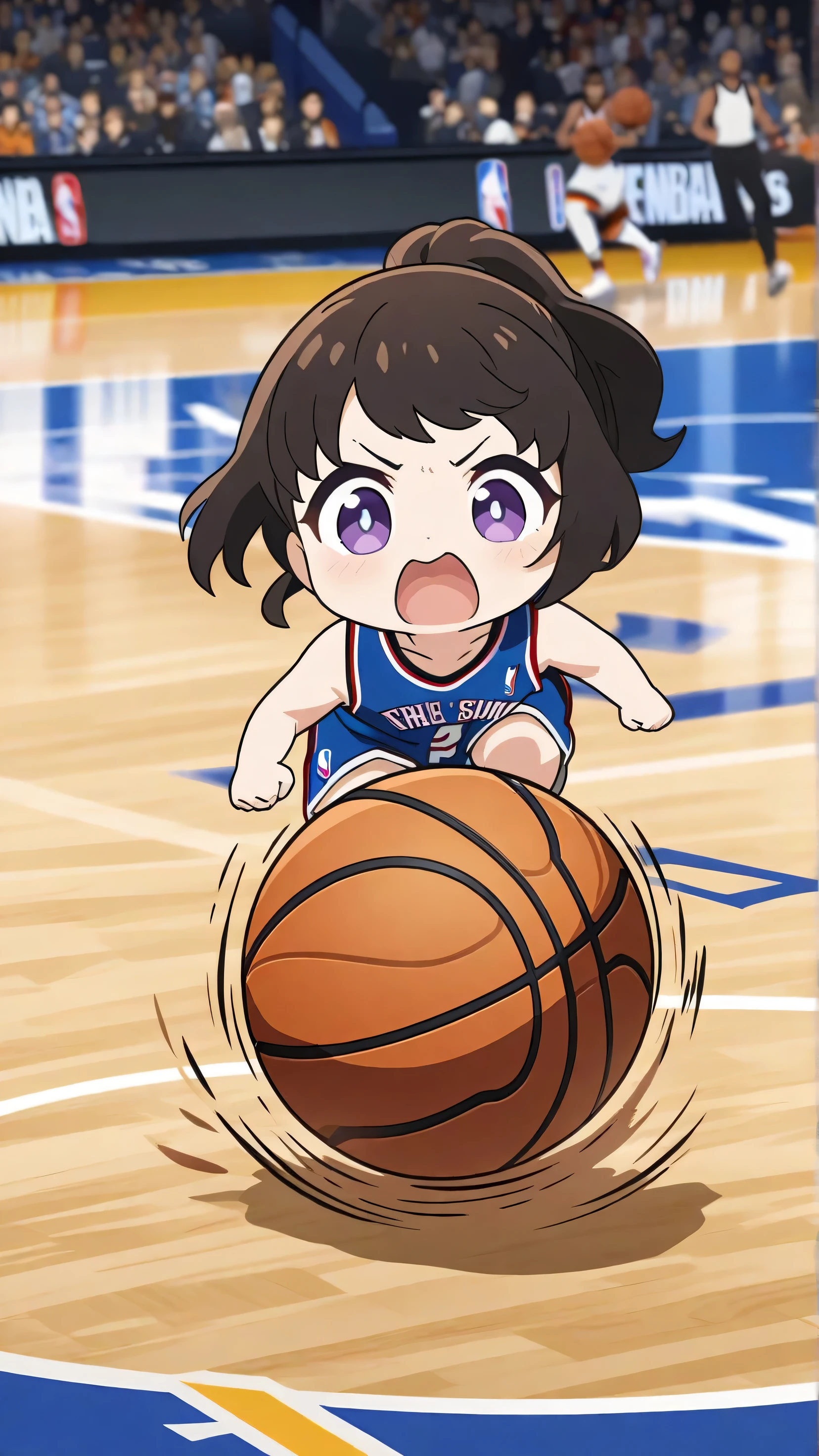 NBA, basketball game scene, cute girl chibi character the same size as the ball, running and dribbling the ball, anime style illustration, (motion blur, action blur:0.5), ultra detailed, absolutely resolution, masterpiece