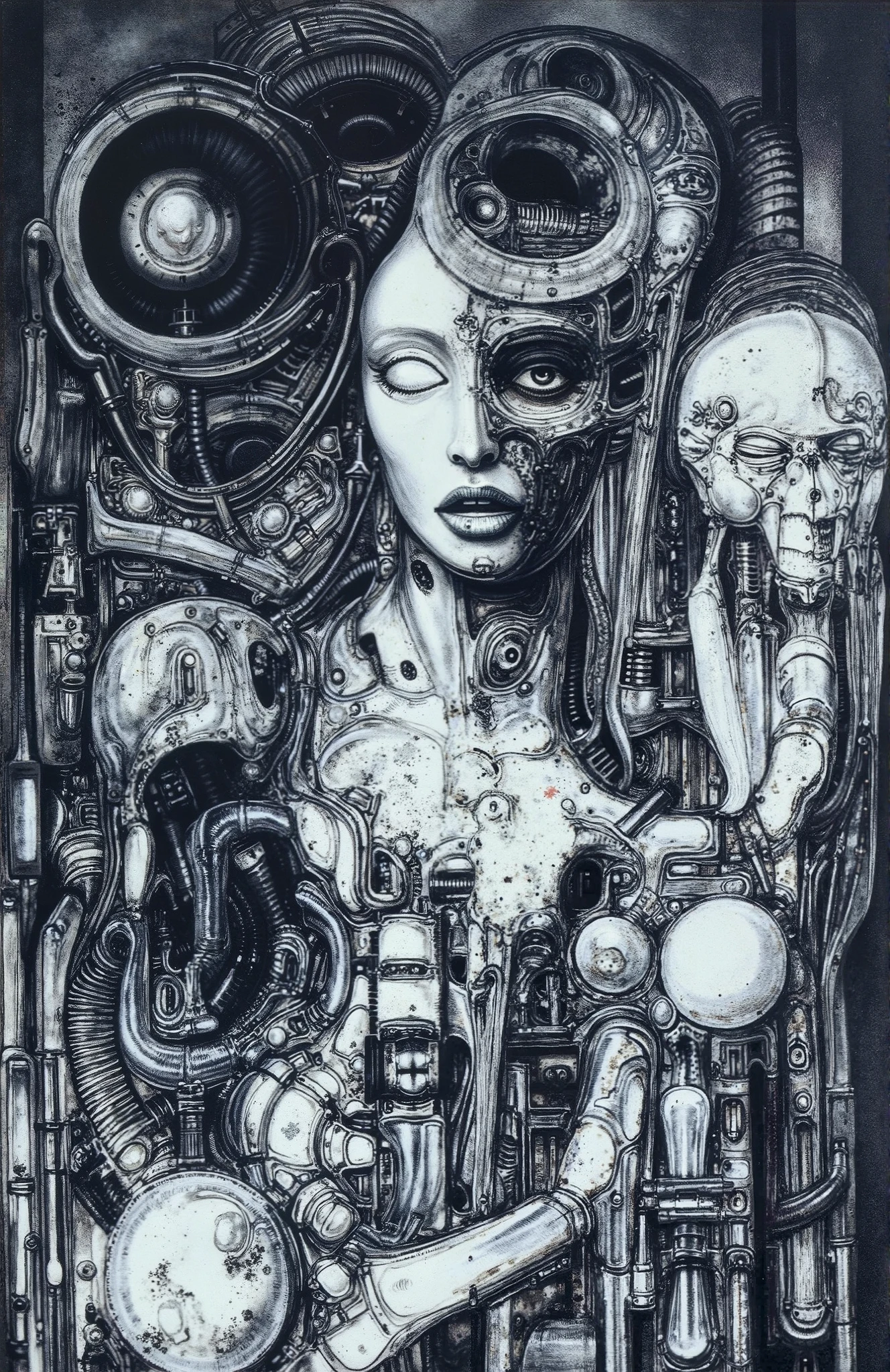 Create a biomechanical surrealist composition in the style of H.R. Giger, emphasizing an intimate, enclosed environment constructed from a dense, interlocking matrix of sinewy tubes, hydraulic pistons, and organic armor-like forms. The composition should follow a horizontal, womb-like curvature, drawing the viewer's gaze into the center where a stylized humanoid figure—feminine and serene—is embedded and partially fused into the surrounding machinery. Her face should be smooth, doll-like, and expressionless, emerging from a coil of dark, flexible conduit, with her body either incomplete or replaced by amorphous, ovular biomech structures.
The structural layout must be closed and compact, with every form interdependent and overlapping: large crescent-like forms embracing spherical and pod-like volumes, smaller pipework coiling into and emerging from larger vertebrae- or muscle-like shapes. Visual rhythm is created by alternating convex and concave forms, mimicking anatomy—tendons, bones, and soft tissue—integrated with mechanical components like couplings, ducts, and industrial plating.
Lighting should be minimal and dramatic, with diffuse overhead shadows and luminous uplighting reflecting softly off pearlescent, metallic surfaces—creating contrast between slick, polished tubes and matte, textured zones. Surfaces must exhibit wear: micro-pitting, scratches, and oil stains, evoking a lived-in, post-organic dystopia. The artistic style is hyper-realistic in detailing, but deeply surreal in essence—melding flesh with machine in a claustrophobic harmony. All elements should feel gestated in the same biomechanical womb, part erotic, part industrial, and deeply uncanny.
, (Proportion:1.1), , (Reflected light:1.2), Parchment, ultra detailed, intricate,, dry b (best quality:1.4), H.R. GIGER, BY GIGER