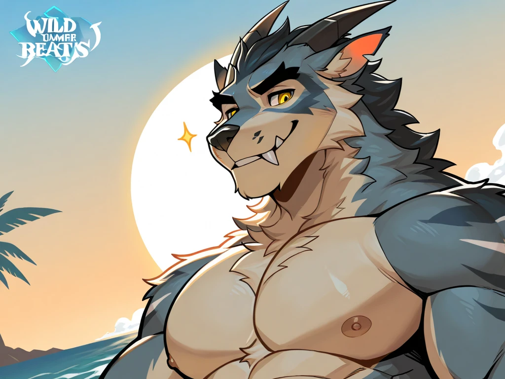 ((By Bebebebebe, by SpiritD, by K0BIT0WANI, best quality, masterpiece, perfect anatomy, detailed picture)), 1male, Cerberus, (Fortnite), sexy body, fluffy tail, underwear, big buldge, shy, in the beach, pregnant, front view