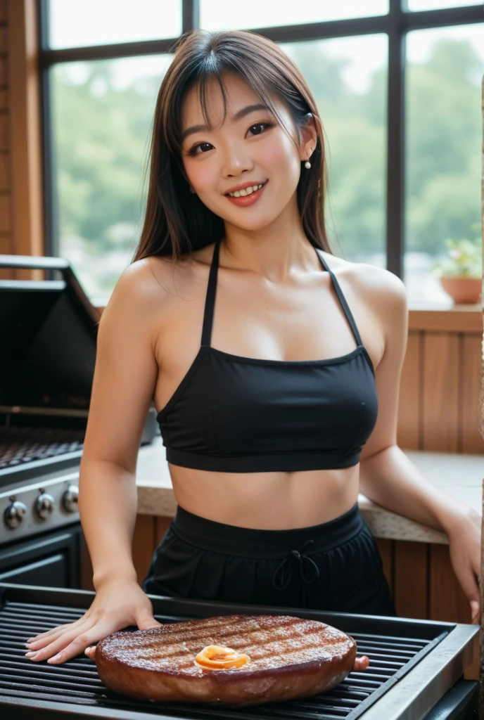 (dynamic angle:1.3, front view:1.1, breast focus:1.3, from above:1.1), (dynamic posing:1.2, sexy posing:1.2), (seductive smiling:1.3), ((looking at cake,Taking a cake out of the golden oven, worried about the outcome:1.2)),highest quality、(real、photorealistic:1.4),(ultra high resolution, 8K RAW photo, clear focus), best qualtiy, natural lighting, field depth, (Bright pupils, detailed beautiful eyes, high detailed face), Red lip, (tight focus:1.2), a girl 22yo old, Wearing a pastry chef uniform:1.3 , Thicc, thin breast, long hair, blue eyes,garter stocking, cleavage:1.2, midriff, black shorts, black thighhighs, thigh strap, pretty girl, (highly detailed beautiful face and eyes,firm breasts),real skin,((black,hair,long pony tail hair)),thin pubic hair,cute,lovely, detailed eyes,(double breasted:1.0,under bust:1.0),(with sparkling eyes and a contagious smile),open mouth, Looking at Viewer,A scene of cooking in the kitchen,looking at the golden oven