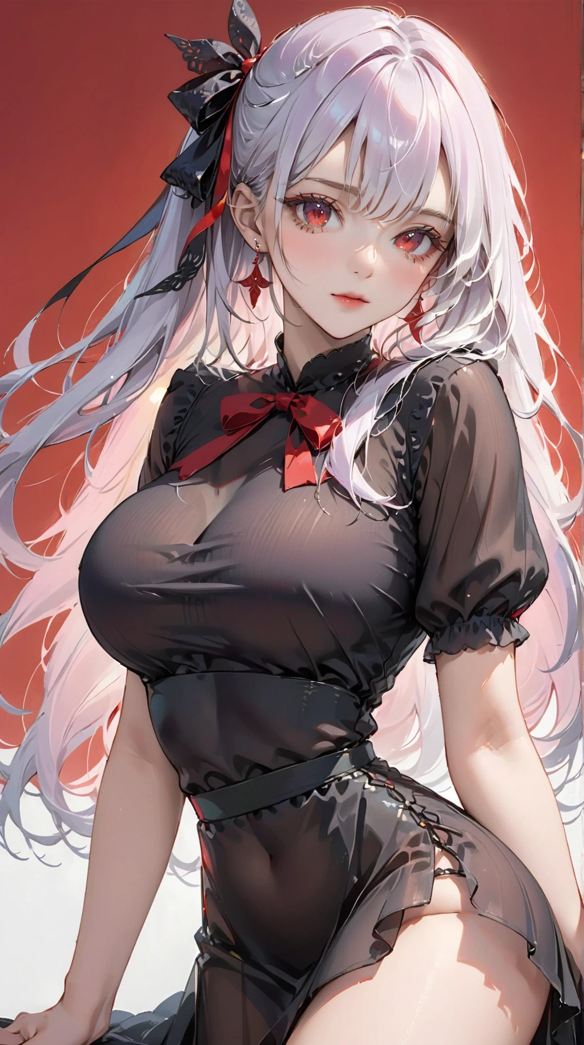 score_9, score_8_up, score_7_up, source_anime, (masterpiece), best quality, expressive eyes, perfect eyes, perfect face, oni girl, oni horns, red eyes, soft lips, long hair, very long hair, wide hips, (white hair:1.2), (white eyebrows:1), (white eyelashes:1), medium breasts:0.5, higuchi madoka, big breasts:0.3, standing, background: City, black choker, loose white t-shirt, single bare shoulder, bra strap, black shorts