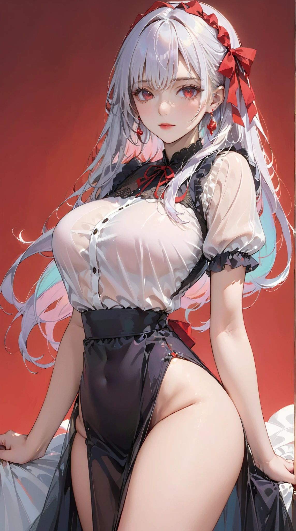 (masterpiece:1.2),extremely high quality,1girl,princess,solo,see-through,floral_skirt,big breasts,[nipples],high stockings,looking at viewer,cowboy shot,princess's half tied hair,simple background,<lora:Transparent clothes_concept_v1.2:0.7>,