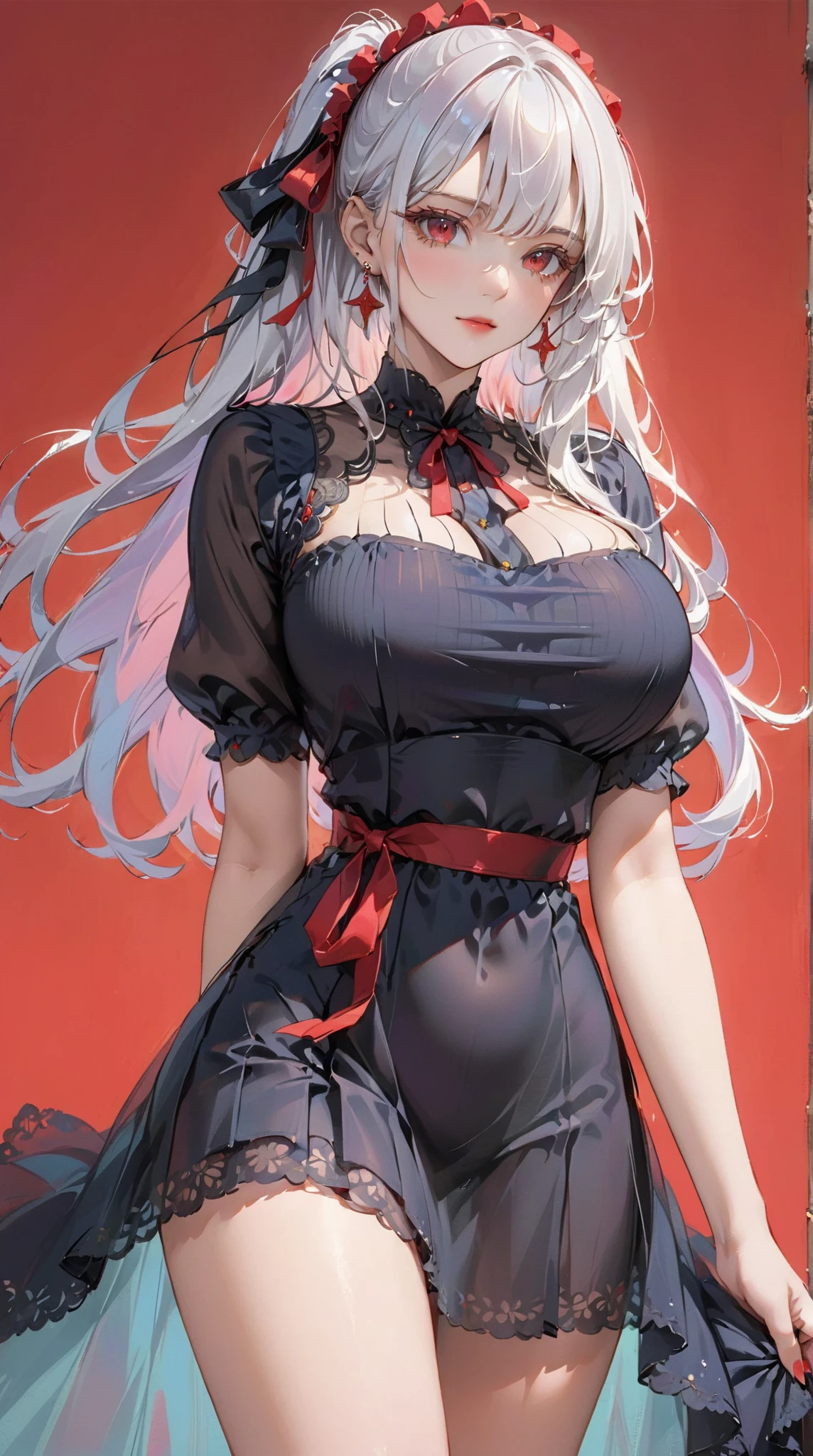 ((best quality)) ((best quality)), ((masterpiece)), (detailed), 4k image, anime style, beautiful young girl, teenage girl, tanned white skin skin, symmetrical face, beautiful young girl, tanned white skin, waist-length silver-red colored hair with red highlights at the edges, soft facial features, heterochromatic eyes, (left eye: silver)(right eye: red), long gothic sundress, cherry red plump lips, large E-cup breasts, short height(150cm). wide hips and large round ass,