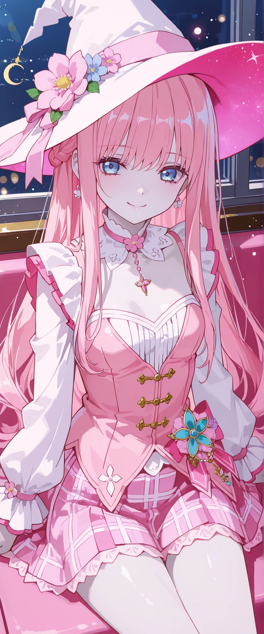 (master piece),(4k),high quality,(small breasts),1girl,long pink hair,pale skin,smile,beautiful detailed blue eyes, (Highly detailed elegant),(witch hat with pink flower ornament),(pink girly fashion),black and pink plaid skirt,magical colors and atmosphere, detailed skin,light particles,Add a dramatic and symbolic element to your scene, Silky to the touch, Hyper Detail,sitting,create an ethereal atmosphere like a dream,((in downtown)),cowboy shot