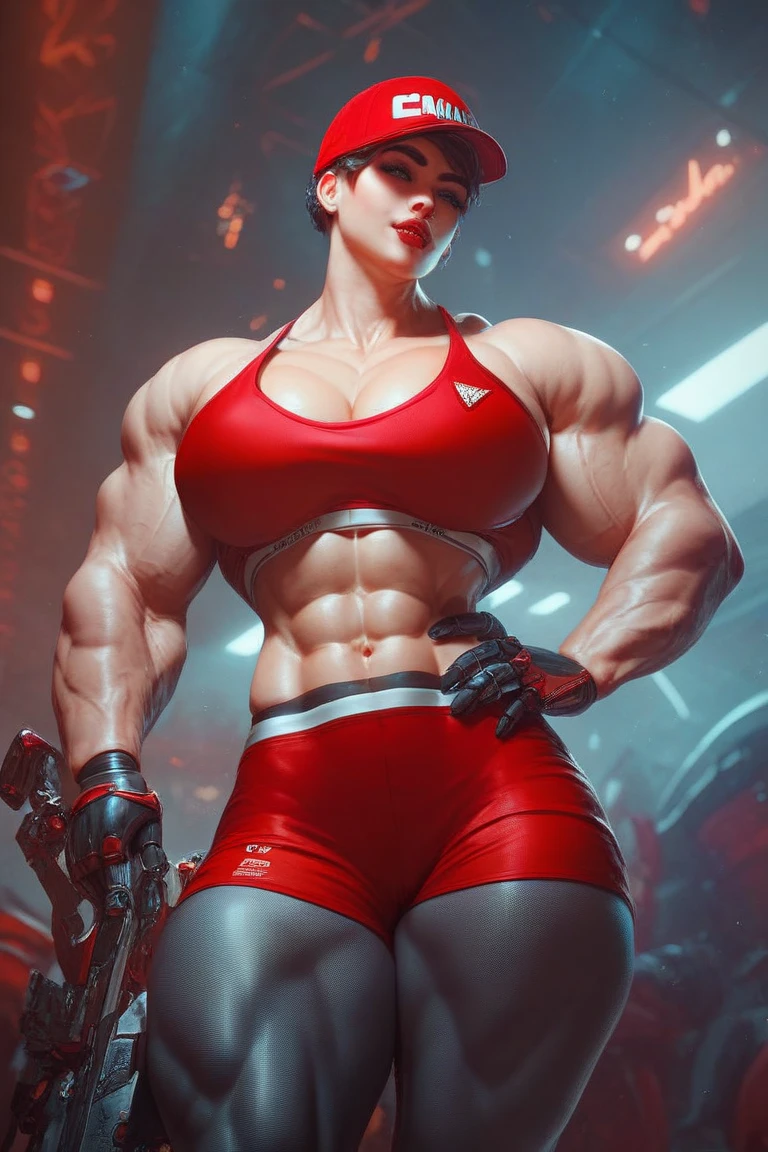 1girl, solo, a most beautiful X-23 with black hair wearing headphones, (black medium hair), ((glowing red eyes)), Working out at the gym, Wearing a black and red gym outfit, pops of color, trending on pinterest, Tumblr, 3d, character design, dynamic, gorgeous, cute face, sadistic smile, sensual, niji expressive style, 2d render, 4k, highly detailed, cute cool, charismatic smiling expression, defined abs with veins, visible arm veins, photoshoot , accurate hands, realistic hands, simple gym background, posing, (full body shot)