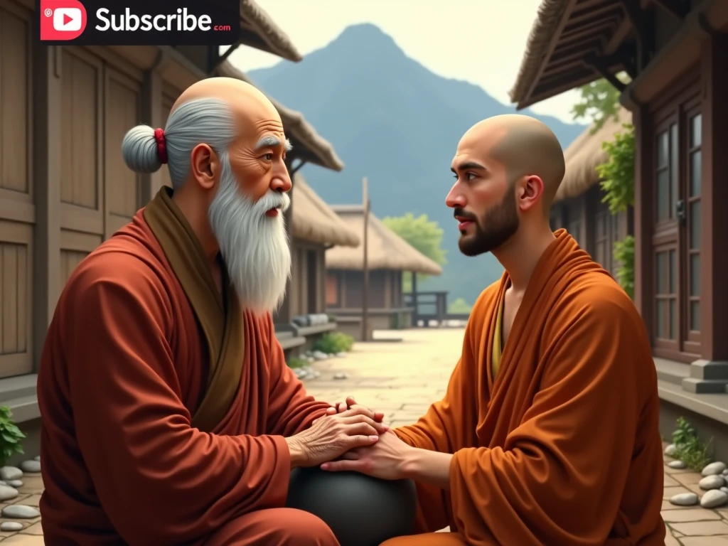 In a ancient chinese art style,a muscular short-haired man sitting on a stool atop the clouds laughing at peasents below,and standing by his side is a bronw bald beardless man with a long nose laughing alomg with him 