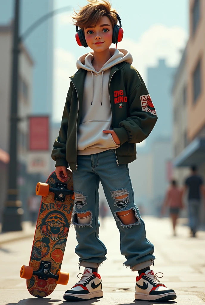 he teenager with Nike air Jordans 1 Realistic and Original. The boy wears a cool modern hoodie