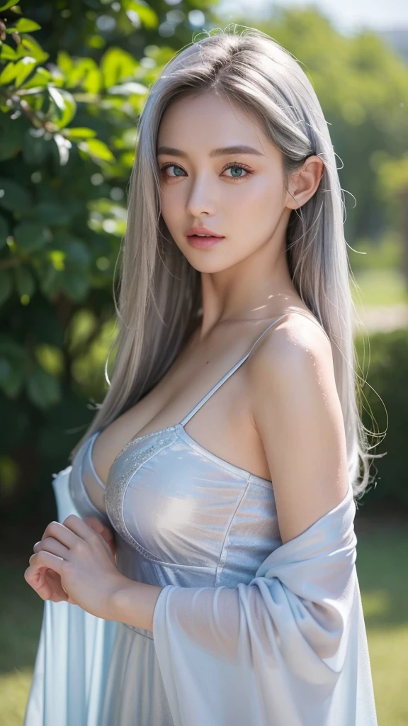 best quality,masterpiece,ultra high res,(photo realistic:1.4),1 girl,medium breasts,big blue eyes,silver hair,white dress with a lot of frill,cute,young,posing,very long hair,flower,headband,looking at viewers,rain, wet, professional lighting, physically-based rendering