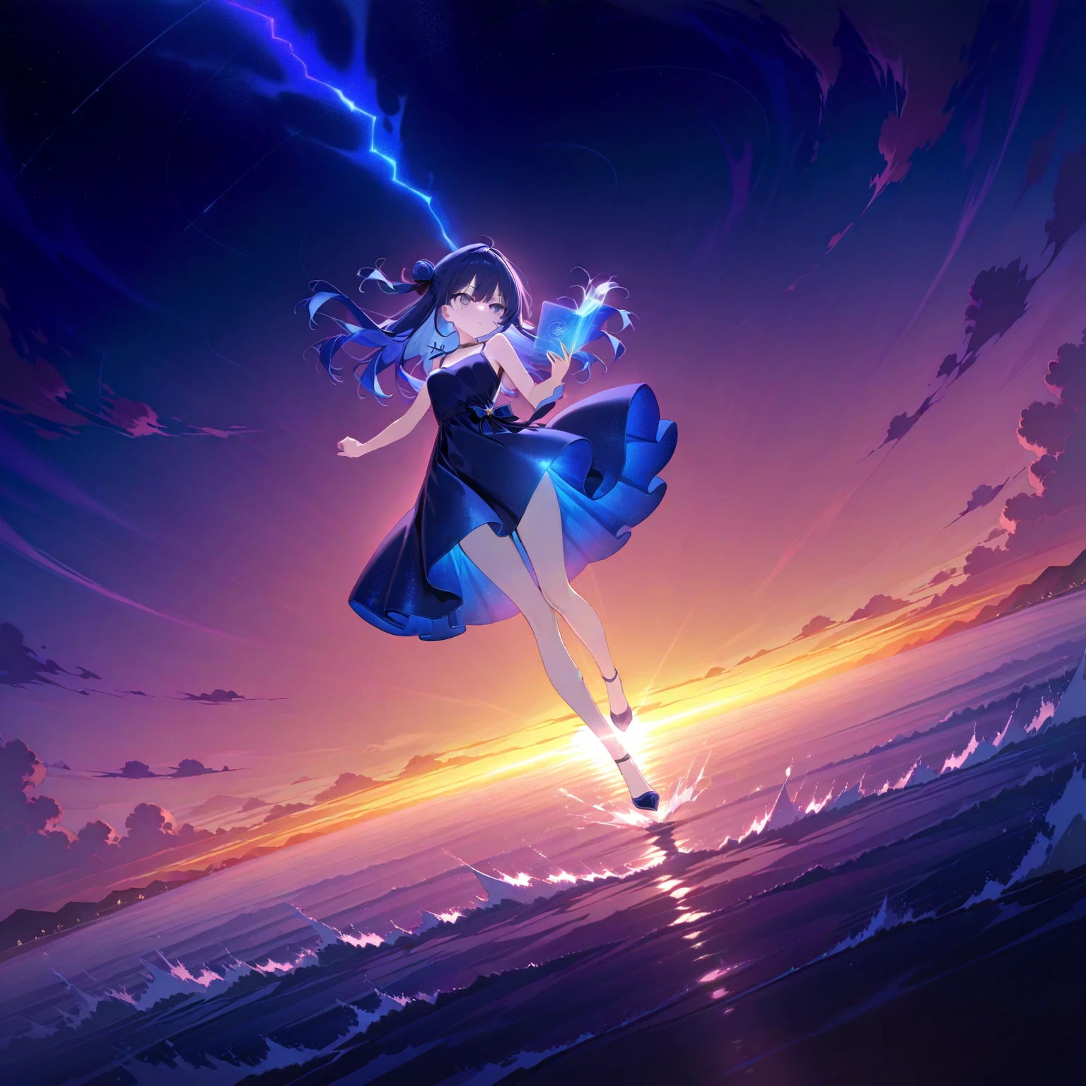 1 garota, Cabelos Azuis Claros Longos, azul escuro, (((sentada isolada em cima da agua em meio ao Mar))), anime, seios pequenos redondos, big booty, coxas fortes, {papel de parede de unidade CG de 16k extremamente detalhada}, fotografia de paisagem expansiva, (a view from above focusing on the scenery), (wide view of open field), (High angle photo), (luz alta: 1.4), (luz baixa:1.4), (fonte de luz quente: 1.5), detalhes complexos, (cores iridescentes: 1.4), (Bright lighting), (atmospheric lighting), Sonhador, unico, dark, reflexos perfeitos, CAMERA DE LONGA DISTANCIA