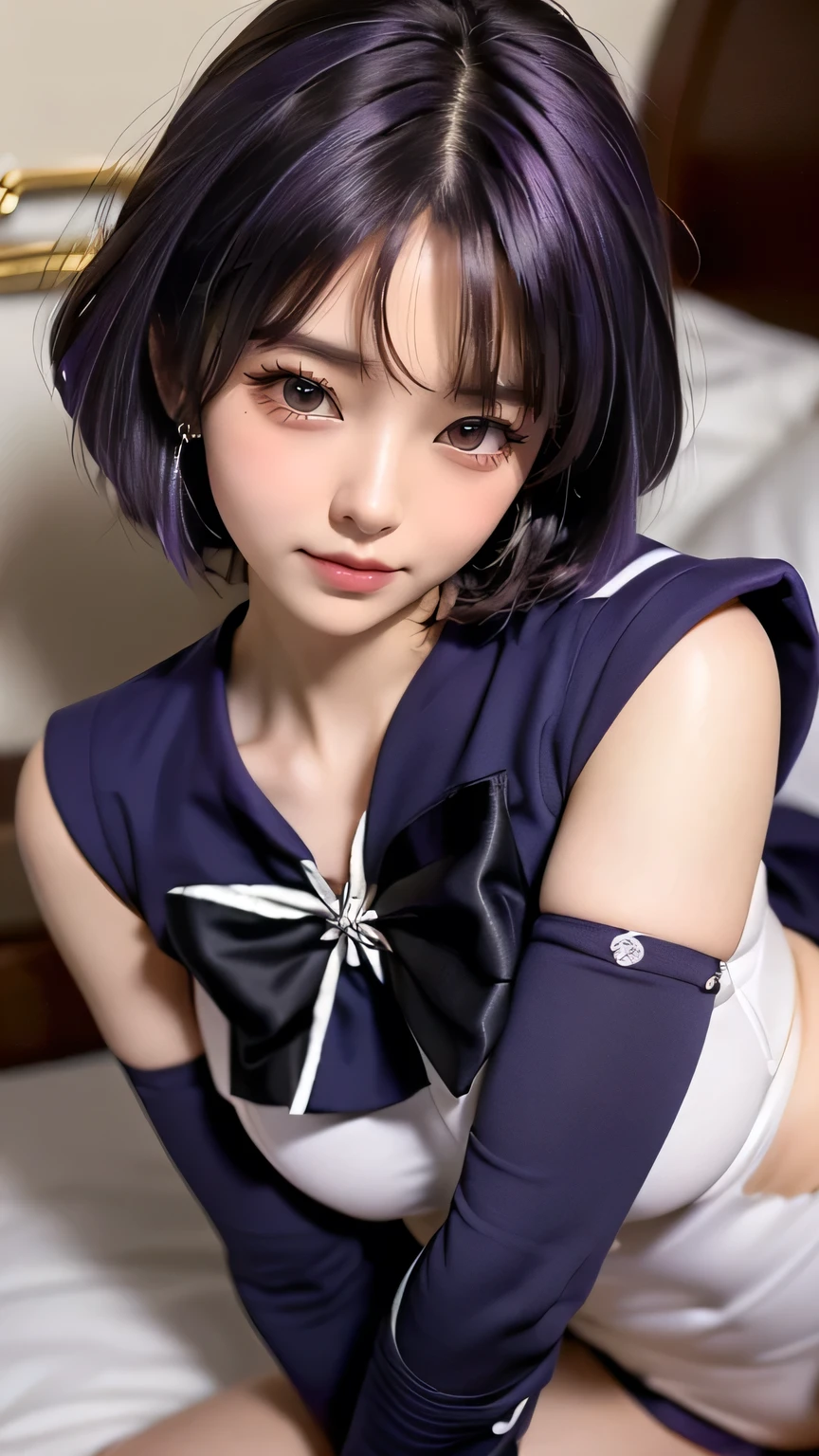 ((( top quality ))), (( masterpiece)), ( details),(((on the bed:1.4))), (((((( HotaruTomoe, (sailor Saturn , purple hair, short hair, elbow gloves, neck ribbon, bangs, long hair, circlet))))))))))), ((( Slender Body, Big Breasts , Big Breasts,chest, Cleevidge, big butt,Wide range,Thighs, ))), (( camel toe)),(( Glowing Skin, white skin, Glowing Skin)), Mysterious Light, ((( his face centered near the leg opening,sad face,humiliation,angry face ))), (( big eyes)), (((((( Bored Eyes )))))), (( random angle )), Fully effective , eyeshadow , pink cheeks, earrings, 1 person necklace,vaginal,breast grab,