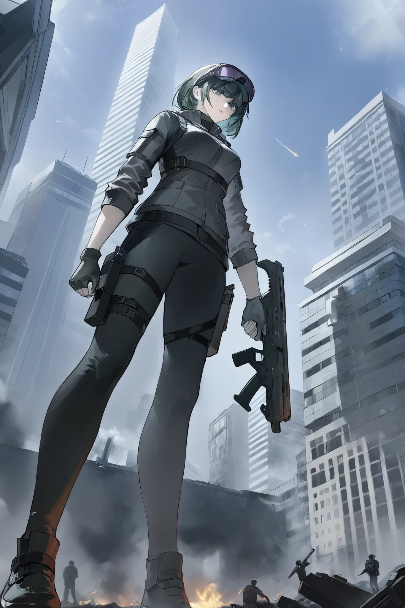 giantess, microcity, (1girl:1.4), (solo:1.4) jacket, weapon, gun, leaning on a building, sqatting with one knee, He's pointing his muzzle at this point, masterpiece, best quality,ビルより大きな女性,銃口,視聴者を打とうとしている, from below, 瓦礫, 戦場,視聴者と戦っている女性,正確な銃,ハンドガン