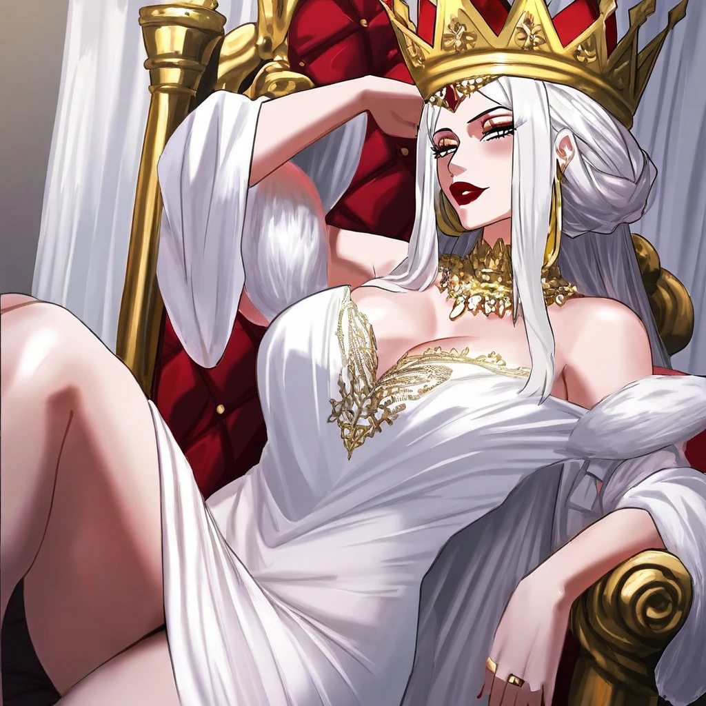queen, sitting on throne, beautiful, navel, abs, royalty, anime, high definition, gigantic breasts, huge breasts, happy, smiling, gorgeous