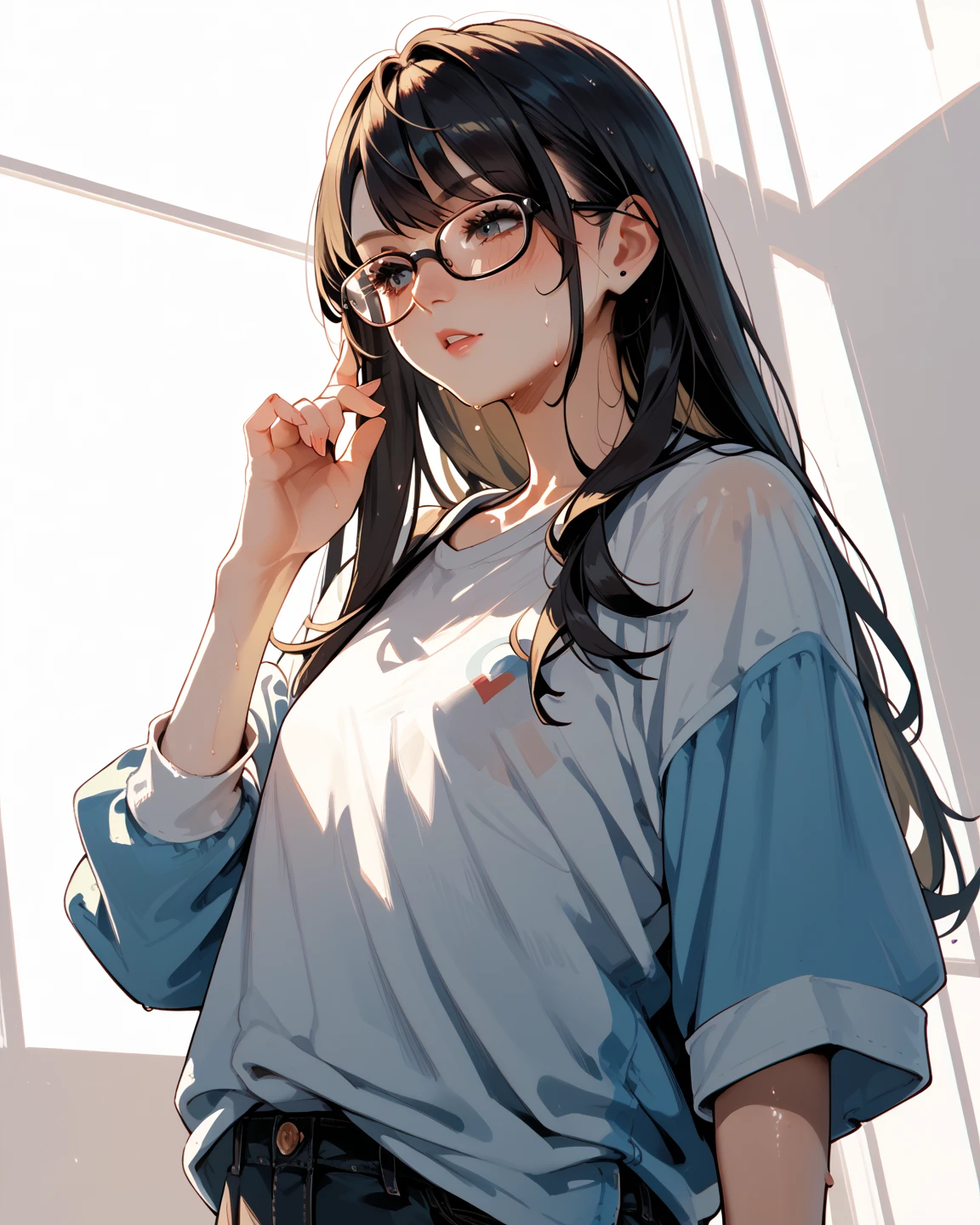 (masterpiece:1.2, Top quality),, Nice illustration, (Natural side Light, Light), 
Looking at the audience, 1 girl,Protruding nipples， wear glasses，Blue hair，White shirt clothes，Black pleated skirt，Large Breasts，Bump 2:1，Sitting on the bed in the room