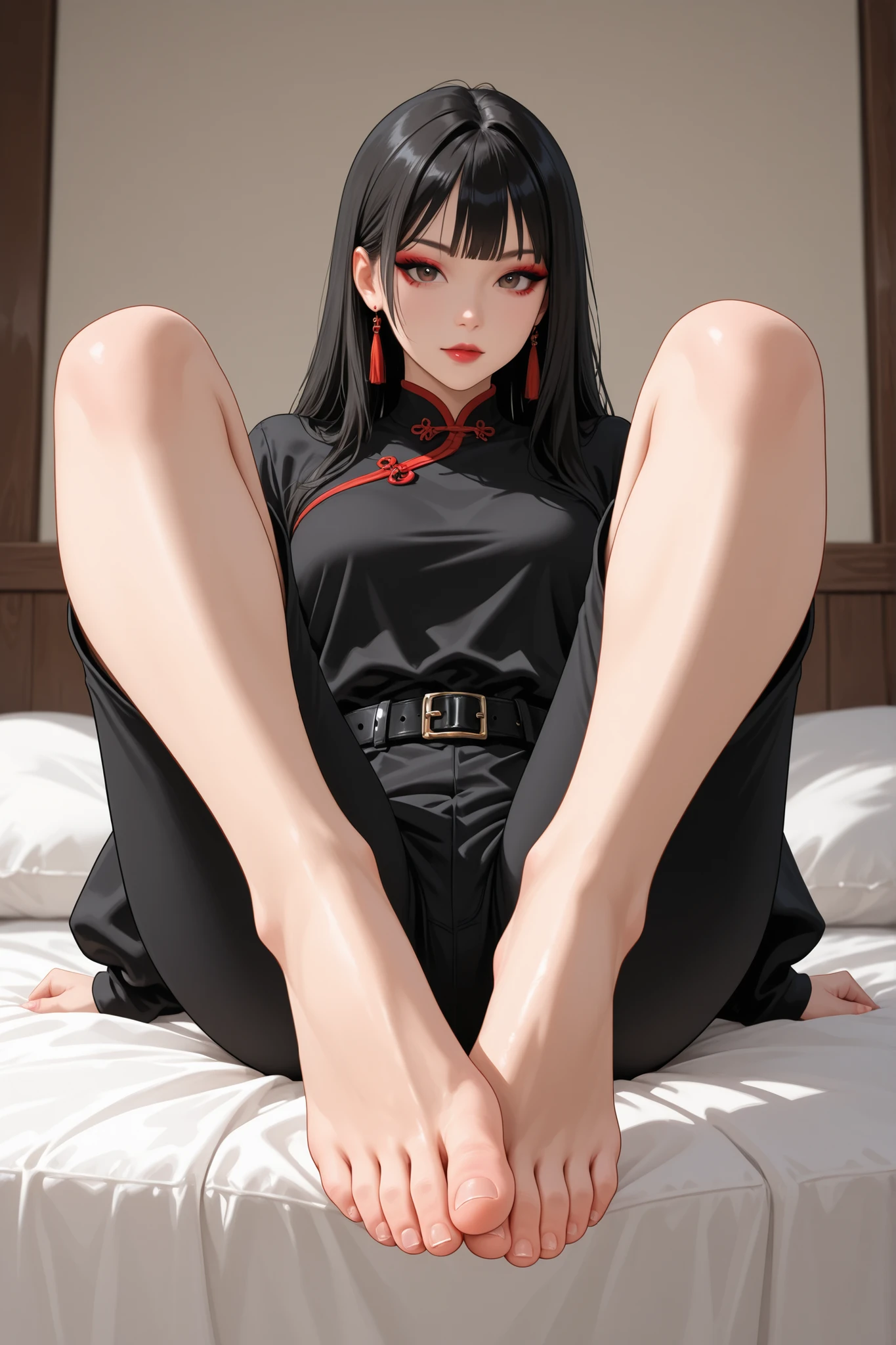 1girl, barefoot, solo, feet, asian, toes, foot_focus, black_hair, belt, toenails, black_belt, makeup, looking_at_viewer