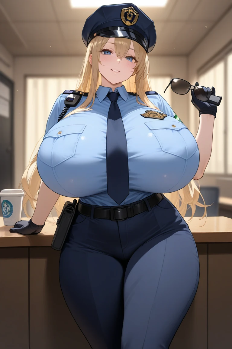 uma imagem de desenho animado de uma mulher de uniforme posando na frente de um computador, (SFW) seguro para o trabalho, grosso, Oppai, Oppai cyberpunk, commission for high resolution, xerife feminina, fofosexyrobutts, fullbody commission for, ela tem uma barriga redonda e gorda, fanart de alta qualidade