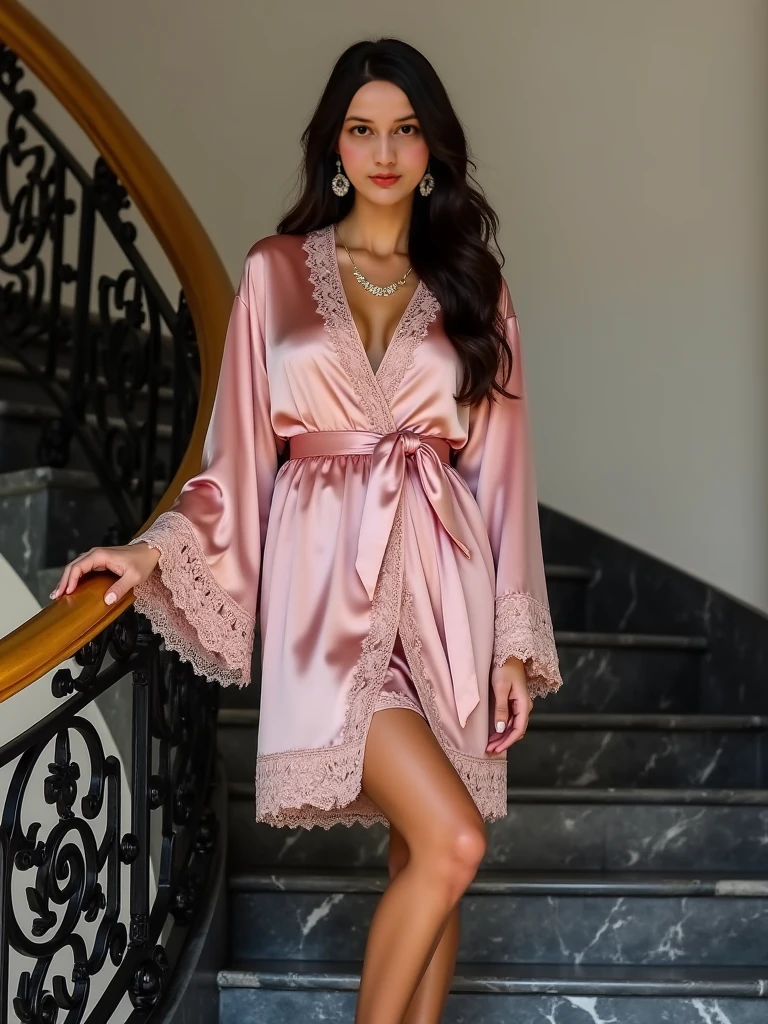 mauve waisted lace briefs.
Silk chiffon kimono with floral embroidery.
Hairstyle:
Soft waves cascading down the shoulders.
Pose:
Seated on a chaise lounge, legs crossed elegantly, with one hand lightly touching the hair and the other resting on the knee, looking off into the distance.