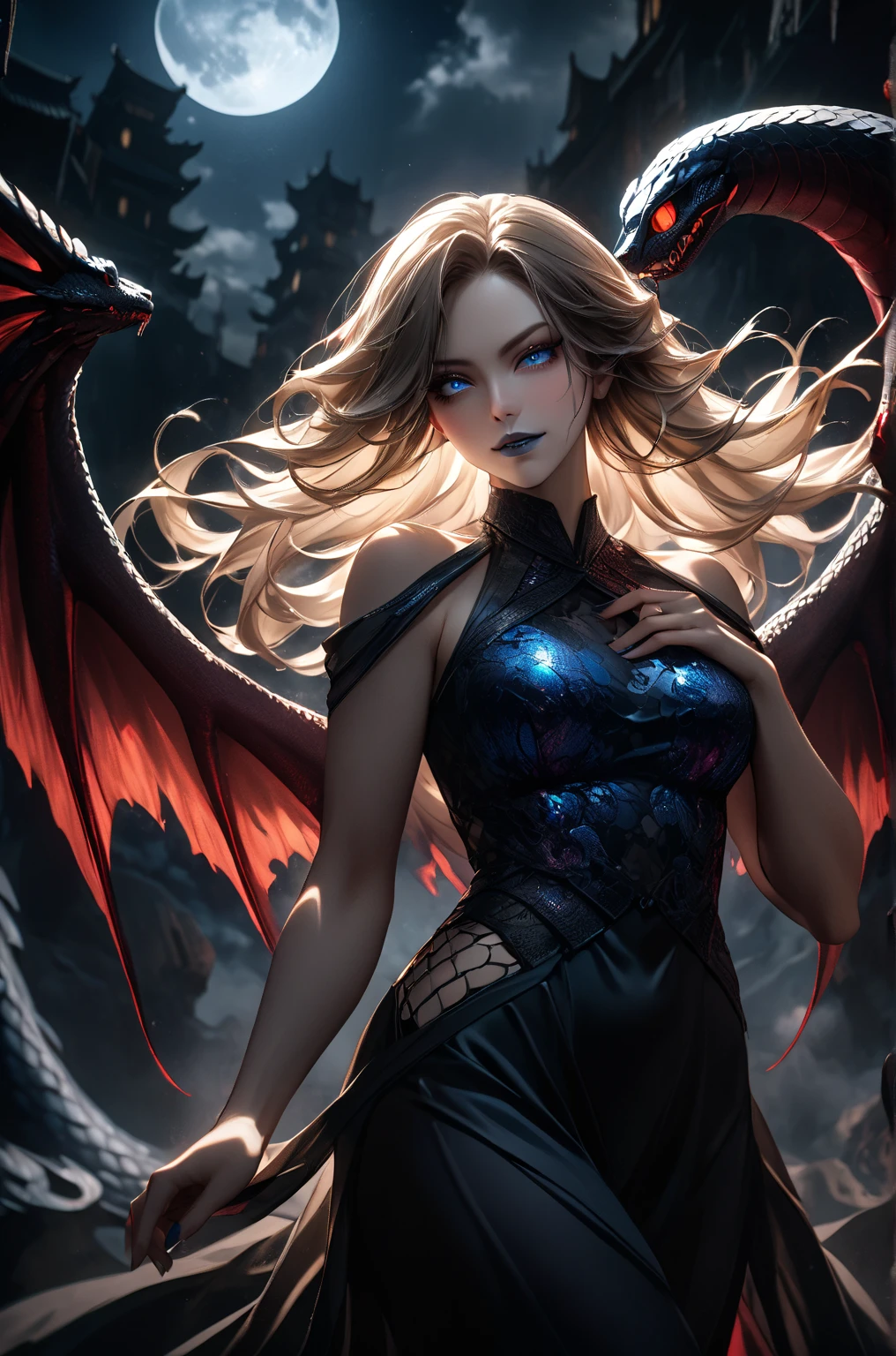 16 year old Adriana Lima, ultra detailed face, ultra detailed blue eyes, long blonde hair, horns, (red dress, skirt), (((masterpiece, large demon wings:1.3)))